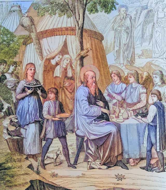 Œuvre d’art d’Abraham et Sara recevant les anges - Images catholiques de stock