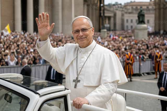 Le pape Léon XIV saluant depuis la papamobile - Images catholiques de stock - Photo de Filip Pleše