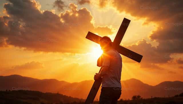 Porteur de la croix au coucher du soleil - Images catholiques de stock