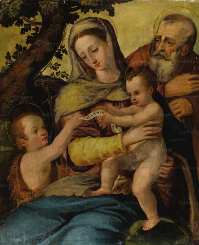Heilige Familie met de heilige Johannes de Doper - Katholieke stockfoto's