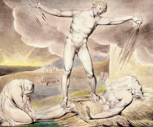 Satanás golpea a Job con colillas de forúnculos - Banco de imágenes católicas