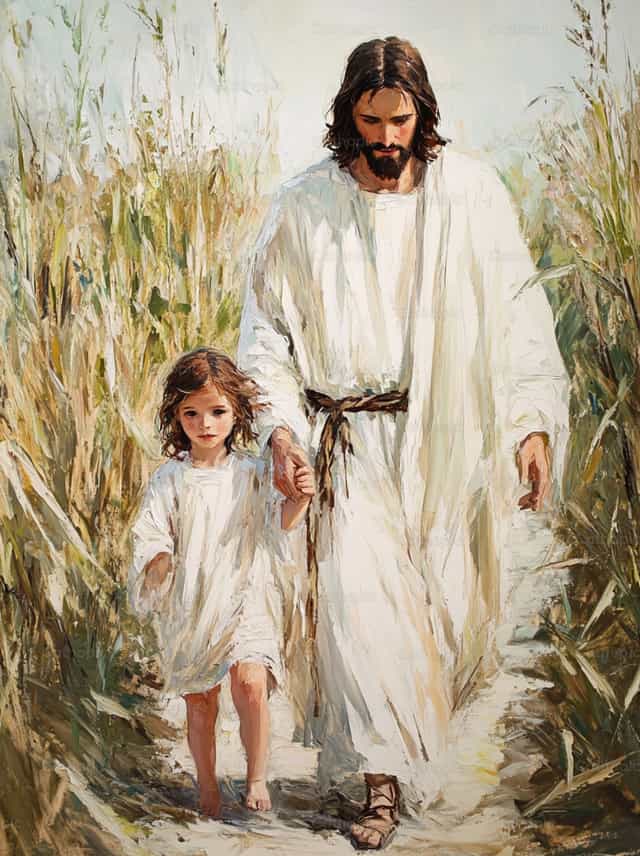 Gesù cammina con un bambino - Immagini stock cattoliche