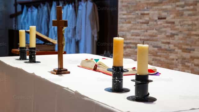 Altar prepared for Mass - Catholic stock images