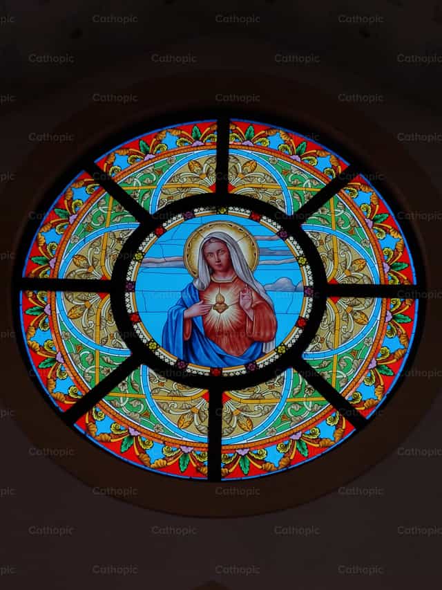 Vitrail du Cœur Immaculé - Images catholiques de stock
