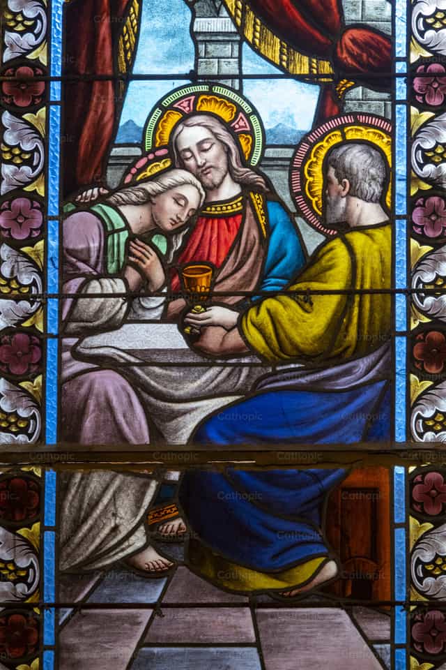 Jesús y Juan en una vidriera - Banco de imágenes católicas
