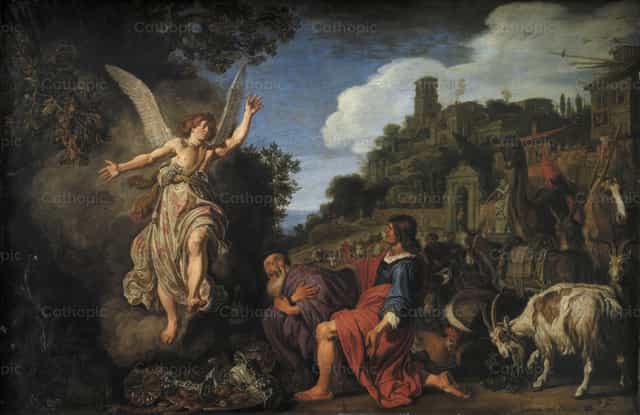 The Angel Raphael Takes Leave of Old Tobit and his - Katholische Stockfotos - Foto von Restored Christian Art