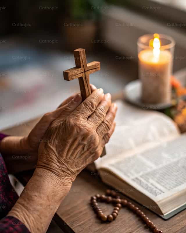 Krus na Kahoy na Hawak ng Dalawang Kamay - Mga Catholic stock image - Larawan ni God Designer