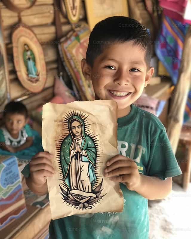Anak at ang Birhen ng Guadalupe - Mga Catholic stock image