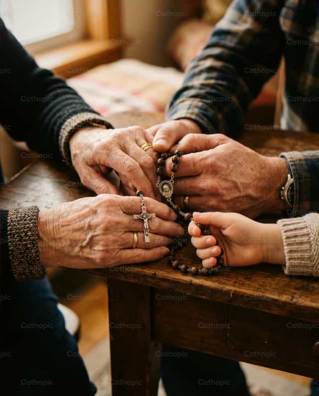 Manos unidas con rosario en una mesa de madera - Banco de imágenes católicas - Fotografía por Noemí Márquez