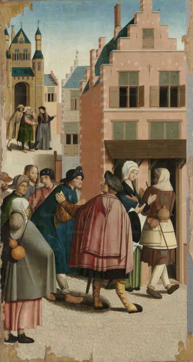 Ang Pitong Gawa ng Awa. 5 – Pagbibigay ng matutuluyan sa mga manlalakbay - Mga Catholic stock image - Larawan ni Restored Christian Art