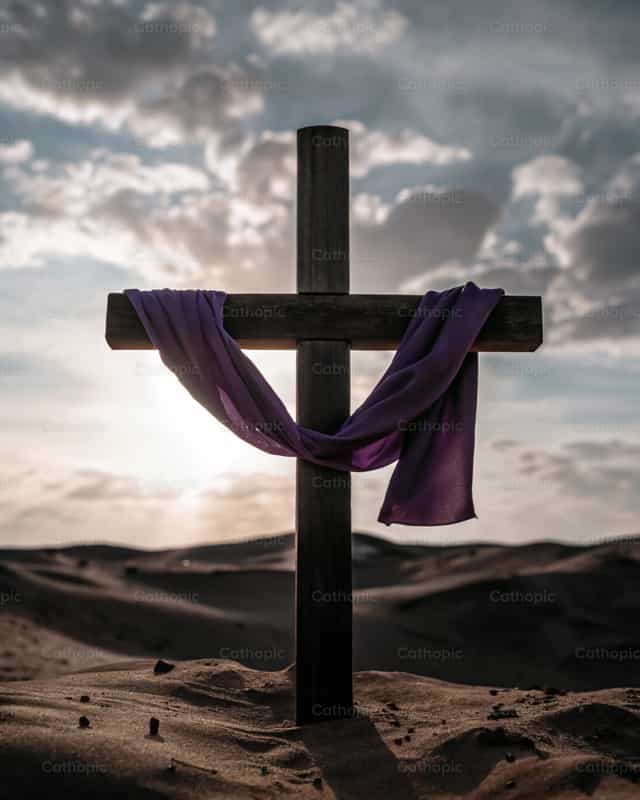 Croce di legno nel deserto con mantello viola - Immagini stock cattoliche