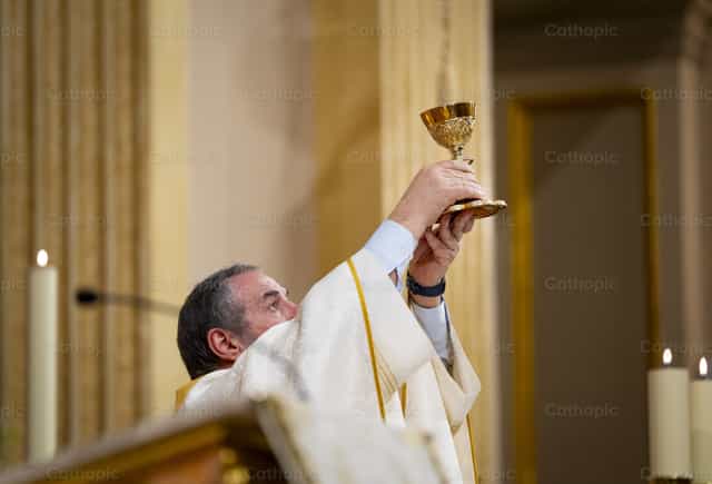 Sacerdote che consacra l’Eucaristia - Immagini stock cattoliche