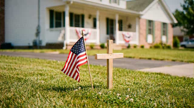 Croce di legno e bandiera americana presso una chiesa di periferia - Immagini stock cattoliche