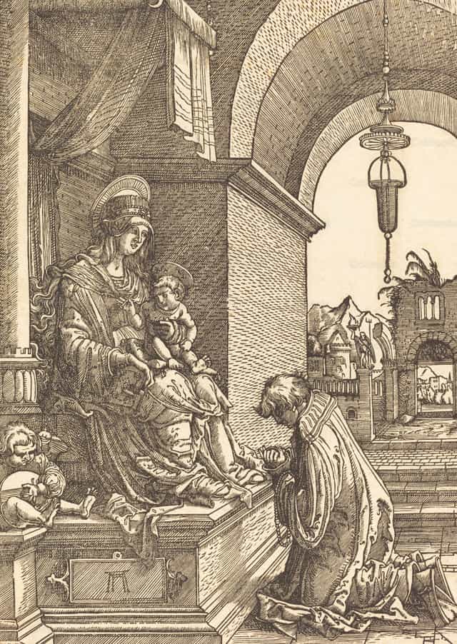 Térdelő könyörgő a Szűzanya és a Gyermek előtt - Katolikus stockképek - Fotó: Restored Christian Art