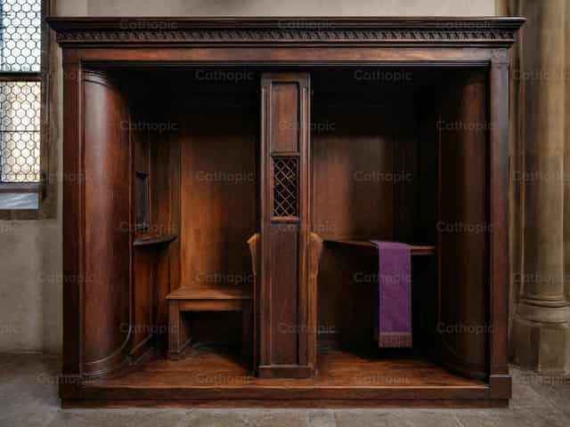 Confessionário de madeira vazio com estola roxa - Imagens católicas de stock - Foto de David Pleše