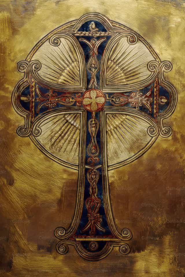 Pinalamutian na krus na may gintong background - Mga Catholic stock image