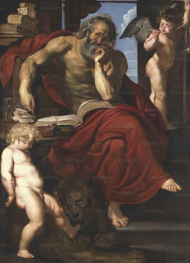 Sint Hiëronymus in zijn kluis - Katholieke stockfoto's