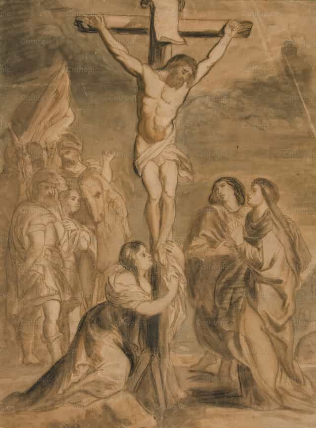 Cristo na cruz rodeado pela Virgem e um santo - Imagens católicas de stock