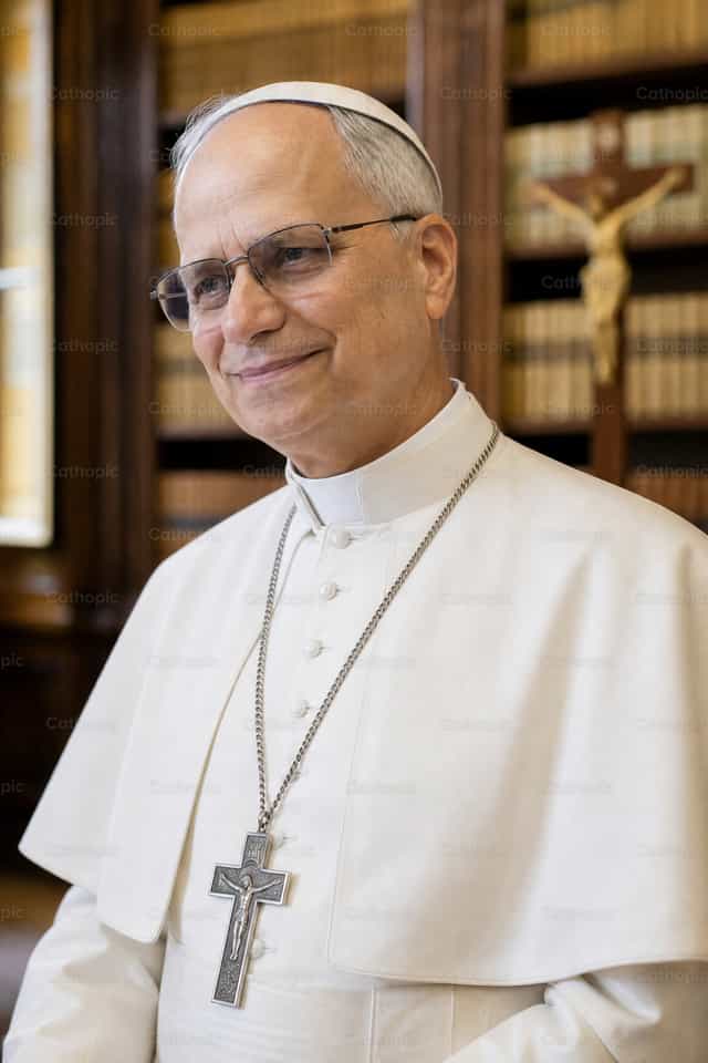 Le pape Léon XIV dans une bibliothèque du Vatican - Images catholiques de stock - Photo de Filip Pleše