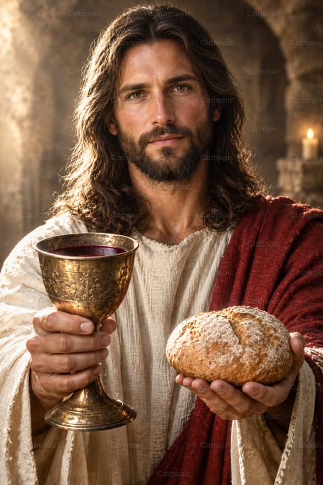 Jezus Christus met de kelk en het brood - Katholieke stockfoto's
