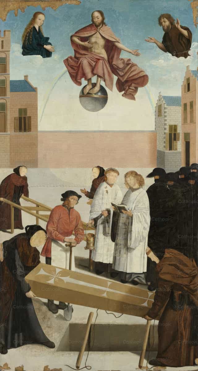 As sete obras de misericórdia. 4 – Sepultar os mortos - Imagens católicas de stock - Foto de Restored Christian Art