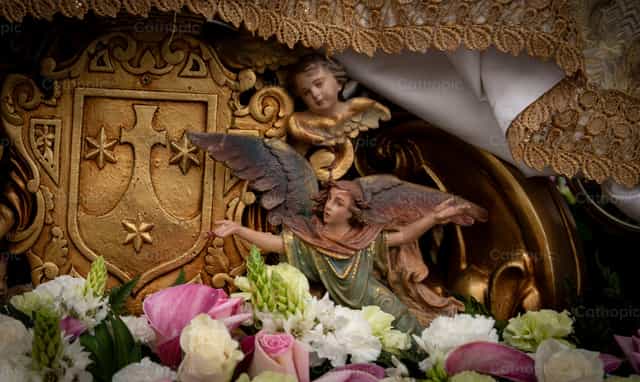 Angel next to the Carmelite coat of arms - Catholic stock images