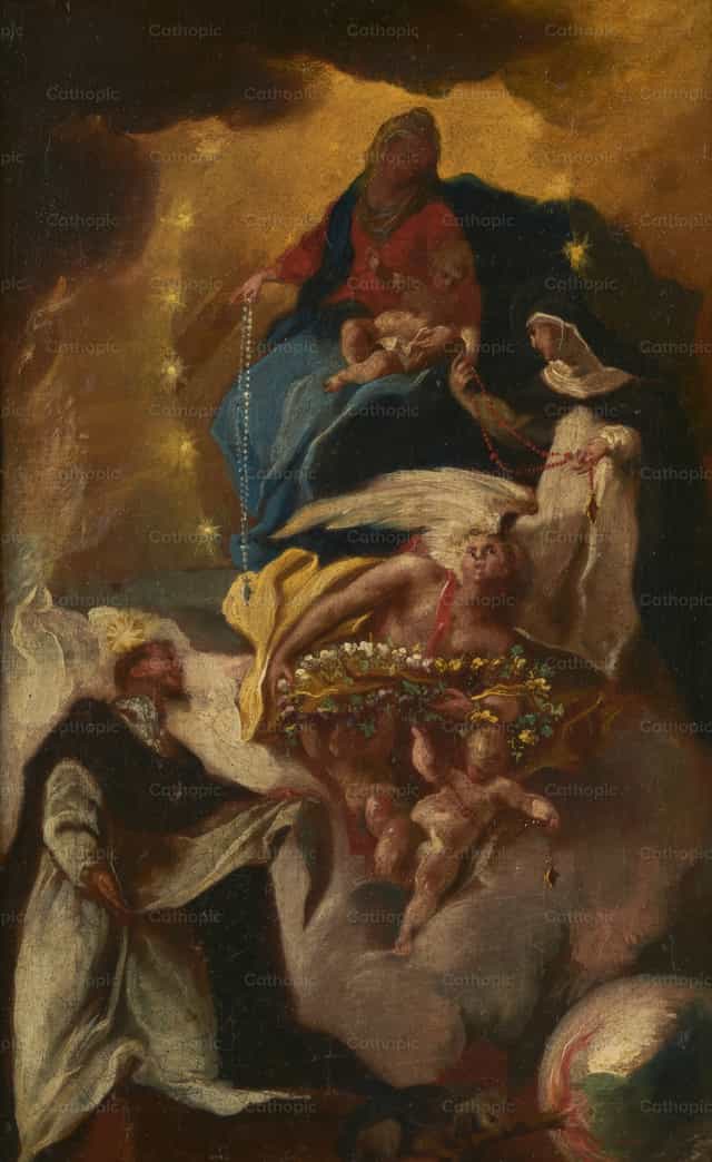 São Domingos recebendo o Rosário de Maria - Imagens católicas de stock