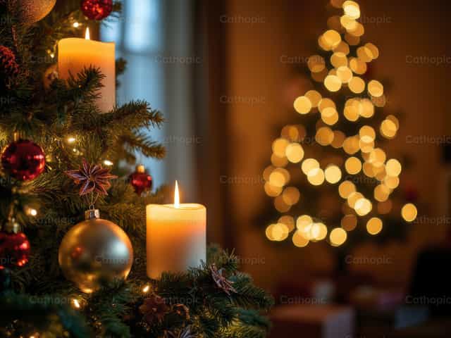Salon de casa con velas y arbol de navidad - Banco de imágenes católicas - Fotografía por Julián Iglesias