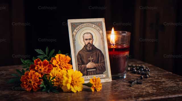 Icône de saint Maximilien Kolbe avec des fleurs - Images catholiques de stock