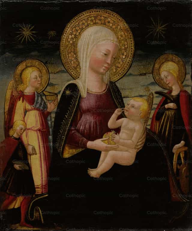 Madonna met Kind tussen Tobias, aartsengel Rafaël en Sint-Catharina - Katholieke stockfoto's