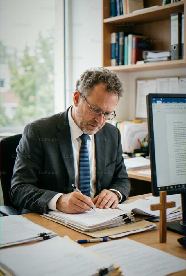 Uomo professionista che scrive alla scrivania in ufficio - Immagini stock cattoliche - Foto di Enma Bastidas