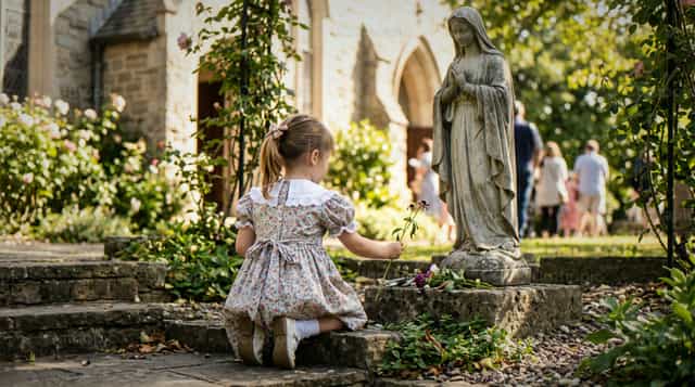 Batang nagdarasal sa harap ng estatwa ng Birheng Maria - Mga Catholic stock image - Larawan ni Noemí Márquez