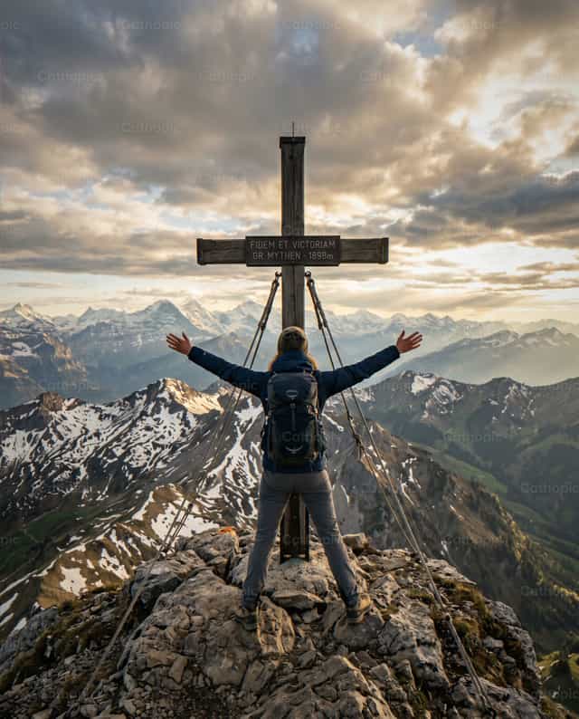 Hombre con los brazos extendidos ante una cruz en la montaña - Banco de imágenes católicas - Fotografía por Noemí Márquez