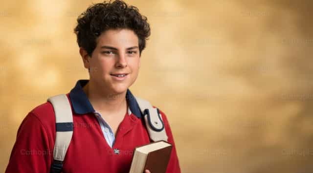 Saint Carlo Acutis après l’école - Images catholiques de stock