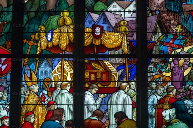 Stained Glass Depicting a Religious Procession - Catholic stock images - Photo by Joan Sutter