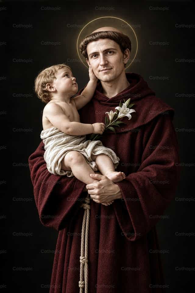 Der heilige Antonius von Padua hält Jesus - Katholische Stockfotos