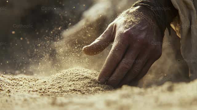 Jésus écrit dans le sable - Images catholiques de stock