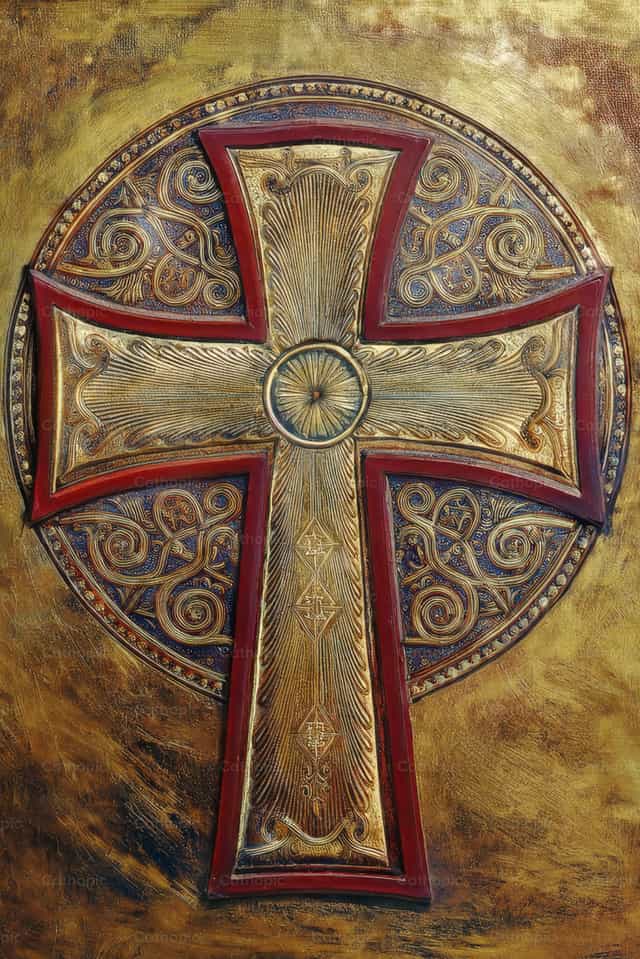 Cruz ornamentada de fondo dorado - Banco de imágenes católicas