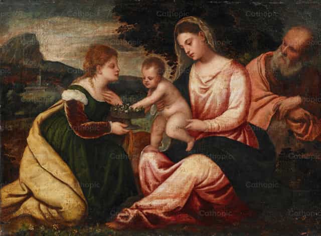 Die Heilige Familie mit der heiligen Dorothea - Katholische Stockfotos
