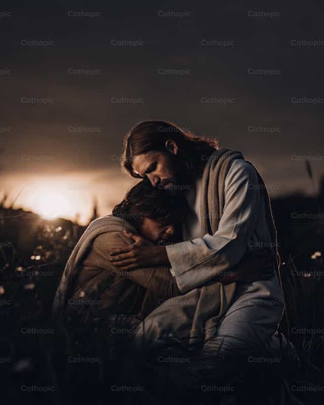Jesús abrazando a un joven y protegiendolo - Banco de imágenes católicas - Fotografía por God Designer