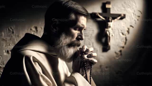 Carthusian na monghe na nagdarasal ng rosaryo sa kanyang selda - Mga Catholic stock image - Larawan ni Julián Iglesias