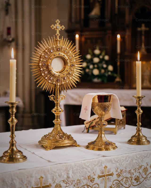 Cáliz y custodia sobre una mesa de altar - Banco de imágenes católicas - Fotografía por Noemí Márquez