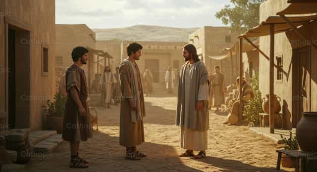 Jesus Cristo pregando numa aldeia - Imagens católicas de stock