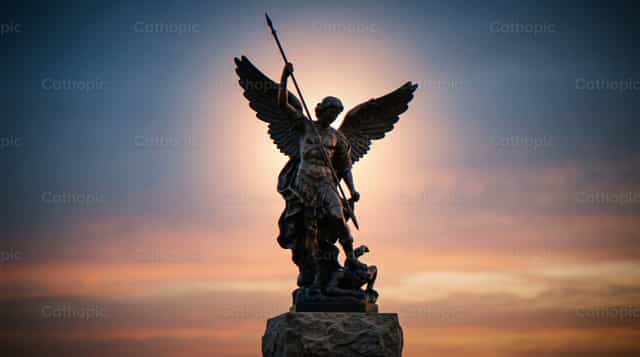 Statue de saint Michel archange sur fond de ciel au coucher du soleil - Images catholiques de stock - Photo de Noemí Márquez