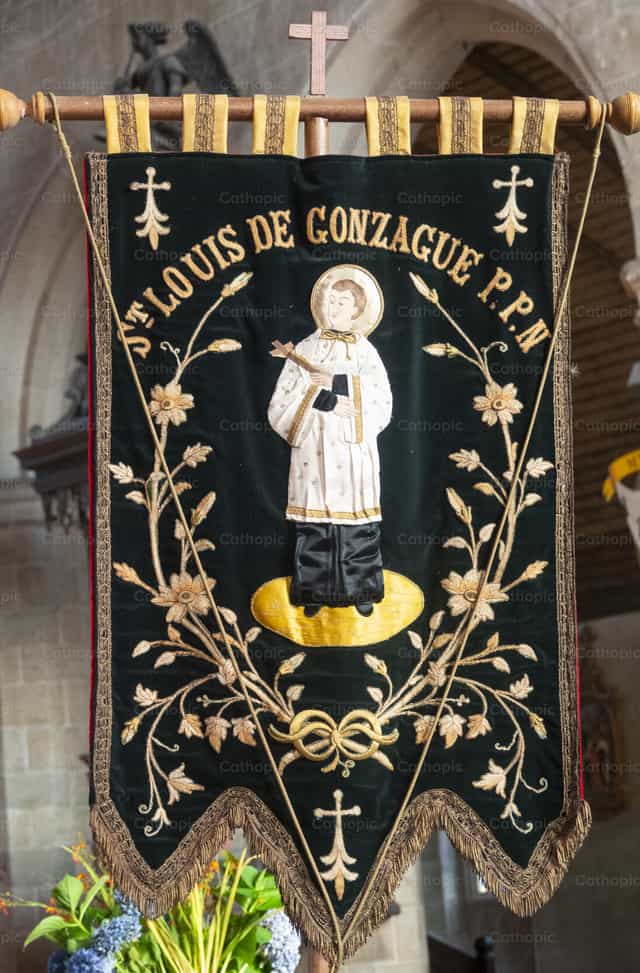 Processional Banner of Saint Louis de Gonzague - Catholic stock images - Photo by Joan Sutter