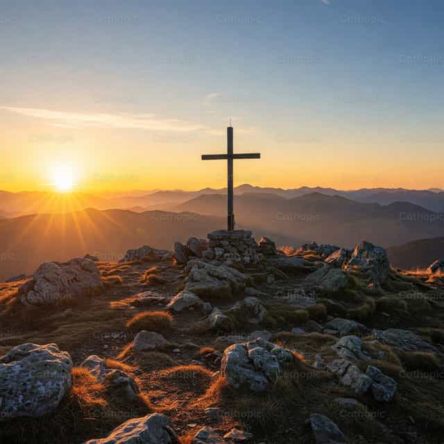 Cruz en la Cumbre al Atardecer - Banco de imágenes católicas
