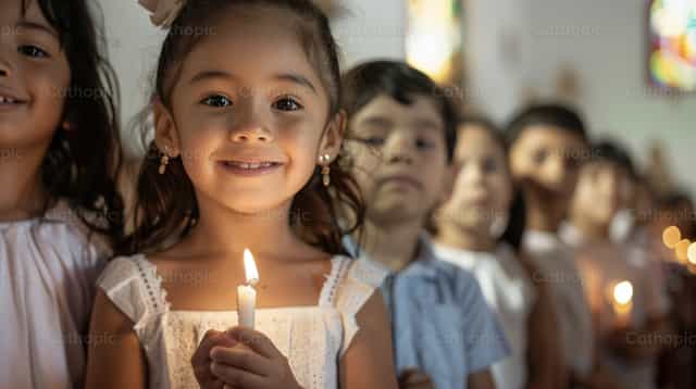 Ragazza che tiene una candela - Immagini stock cattoliche