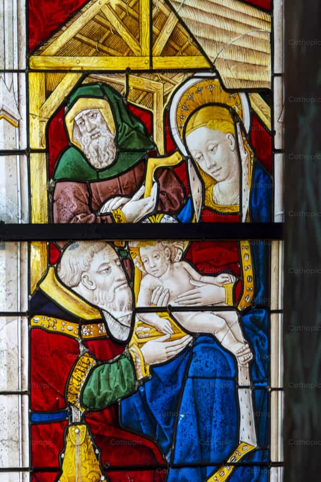 Panel de vidrieras que representa la escena de la Natividad - Banco de imágenes católicas - Fotografía por Joan Sutter