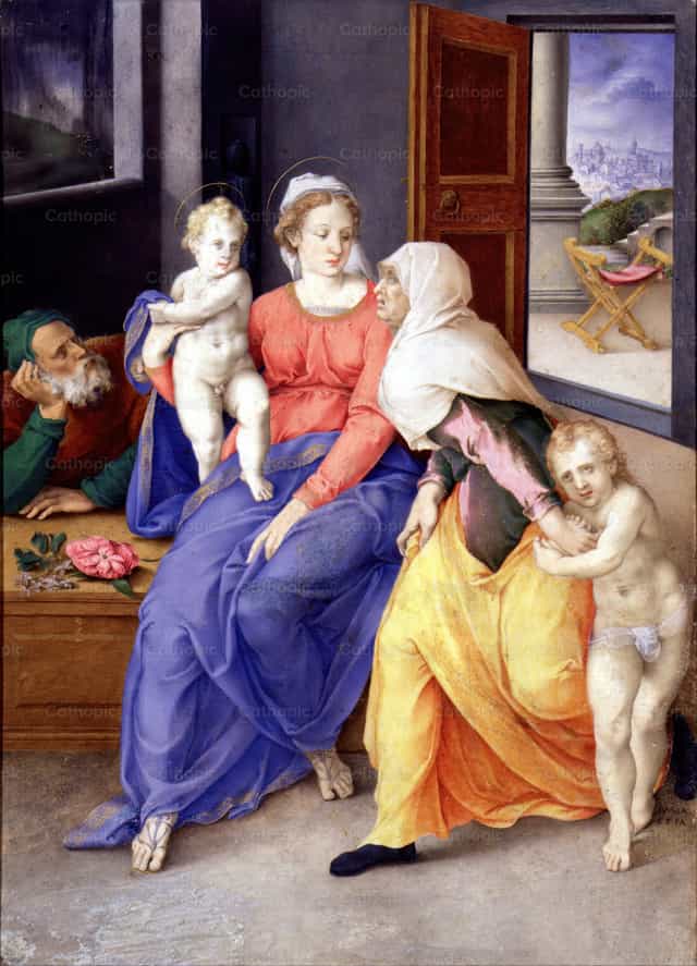 Heilige Familie met de heilige Elisabeth en de heilige Johannes de Doper - Katholieke stockfoto's