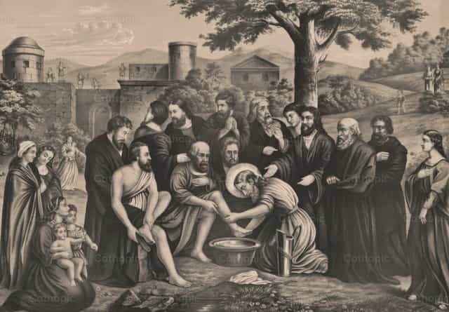 Onze Verlosser die de voeten van zijn leerlingen wast - Katholieke stockfoto's - Foto door Restored Christian Art